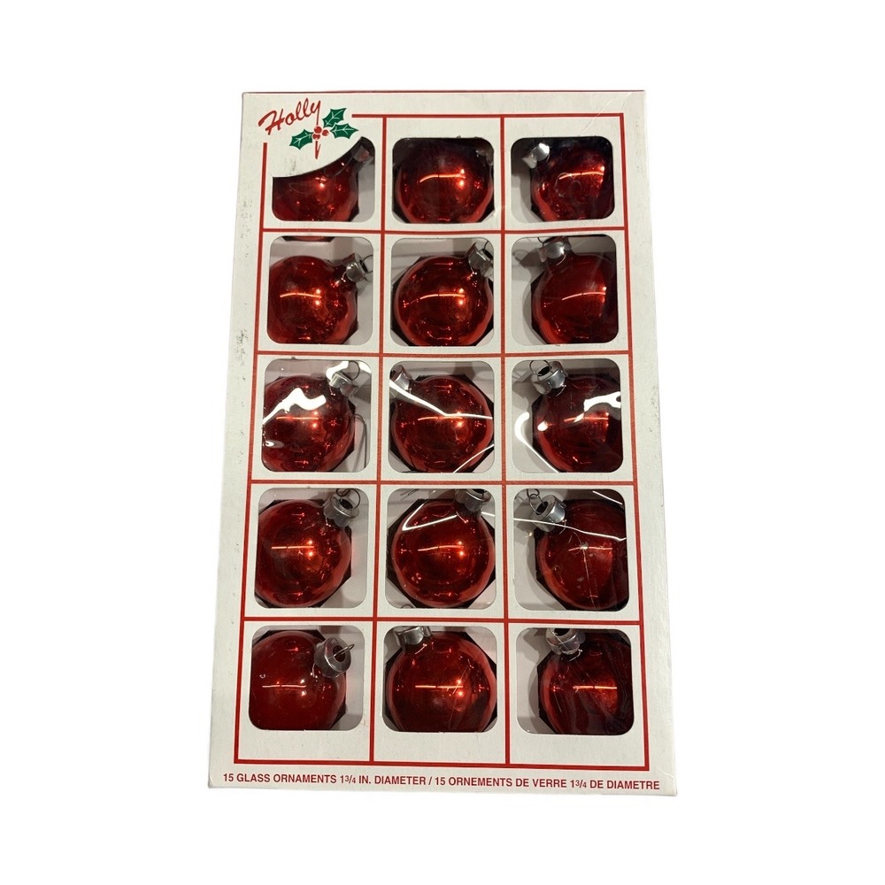 Holly 15‎ Glass Ornaments Red 1 1/4 Inch Christmas Tree Decorations